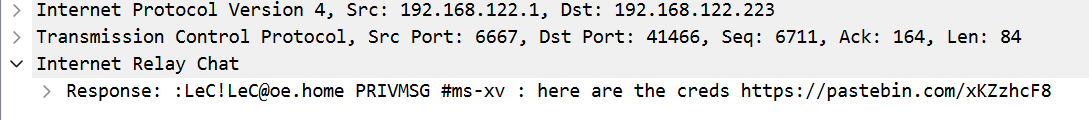 IRC message with Pastebin link