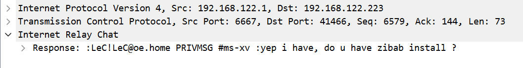 IRC message mentioning zibab